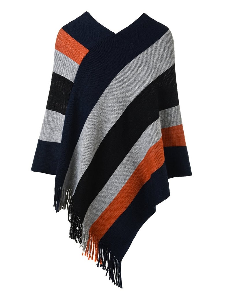 Ferand Women's Striped Poncho Sweater Cozy Knit Fringe Shawl Wraps for Fall Winter - Image 2